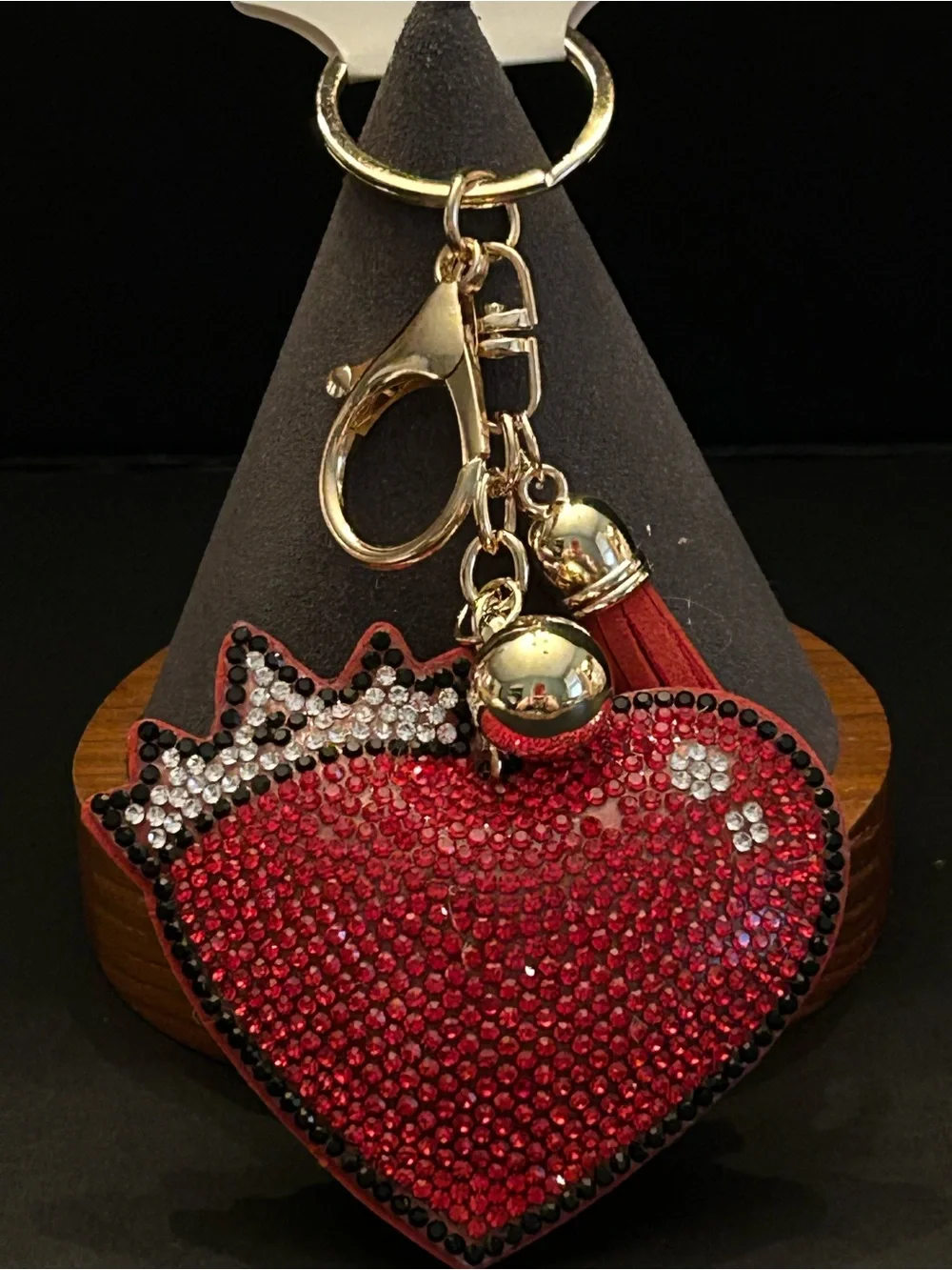 PREMIUM Puffy Red Crystal Heart Crown 👑 Bag Charm Keychain w/Gold Hardware